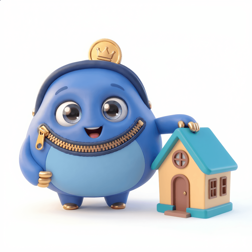 Pip, the MySupermarket Compare mascot, standing beside a small house