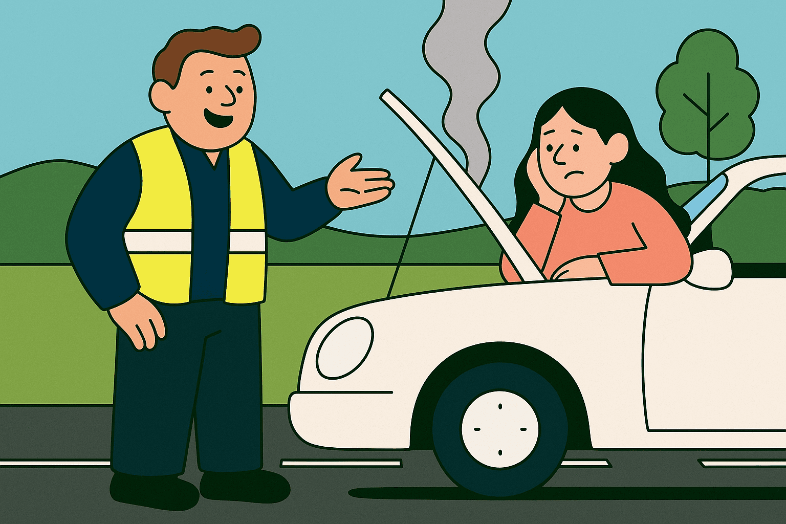 Roadside assistance technician helping a stranded driver with vehicle breakdown repair