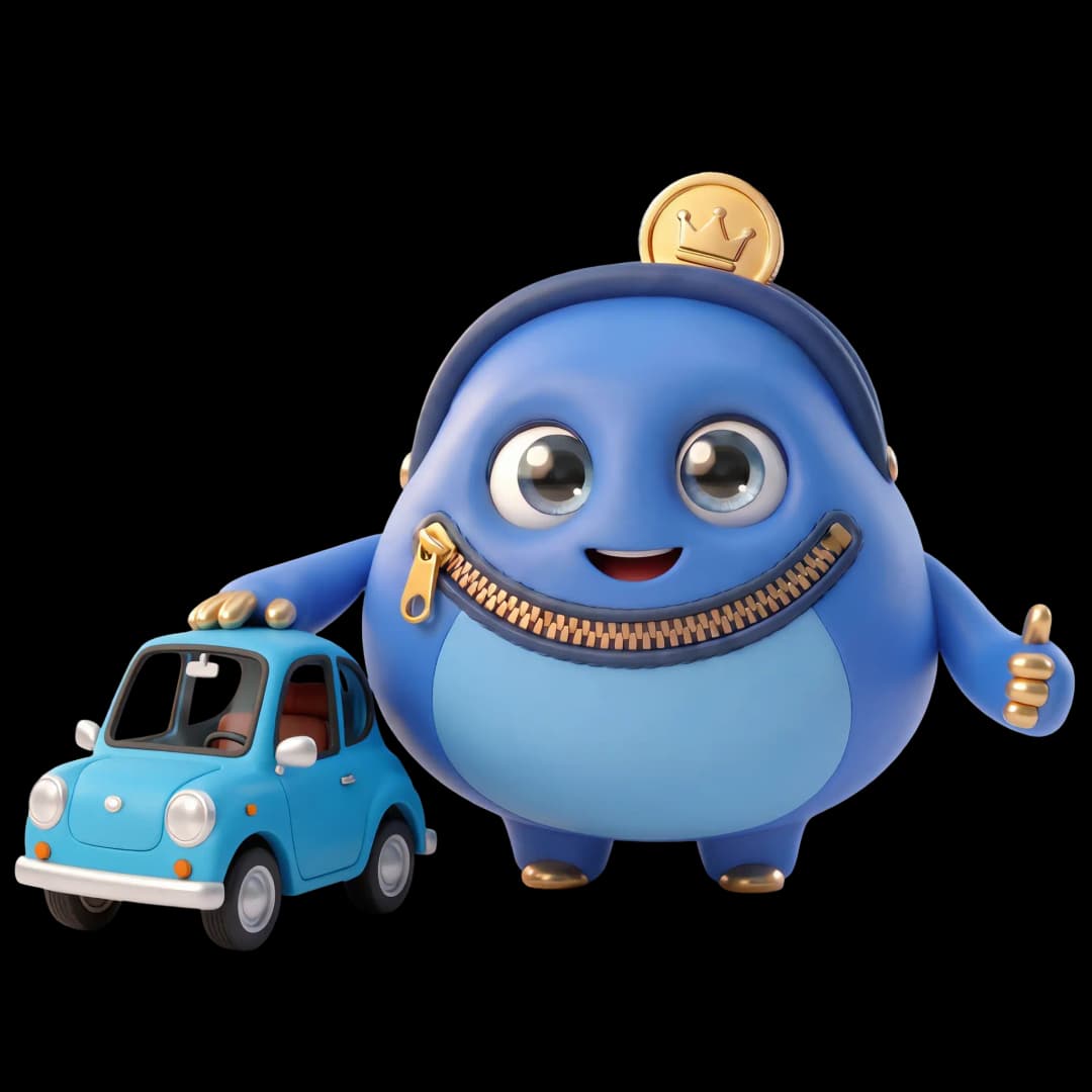Pip, the MySupermarket Compare mascot, smiling and giving a thumbs up beside a small car