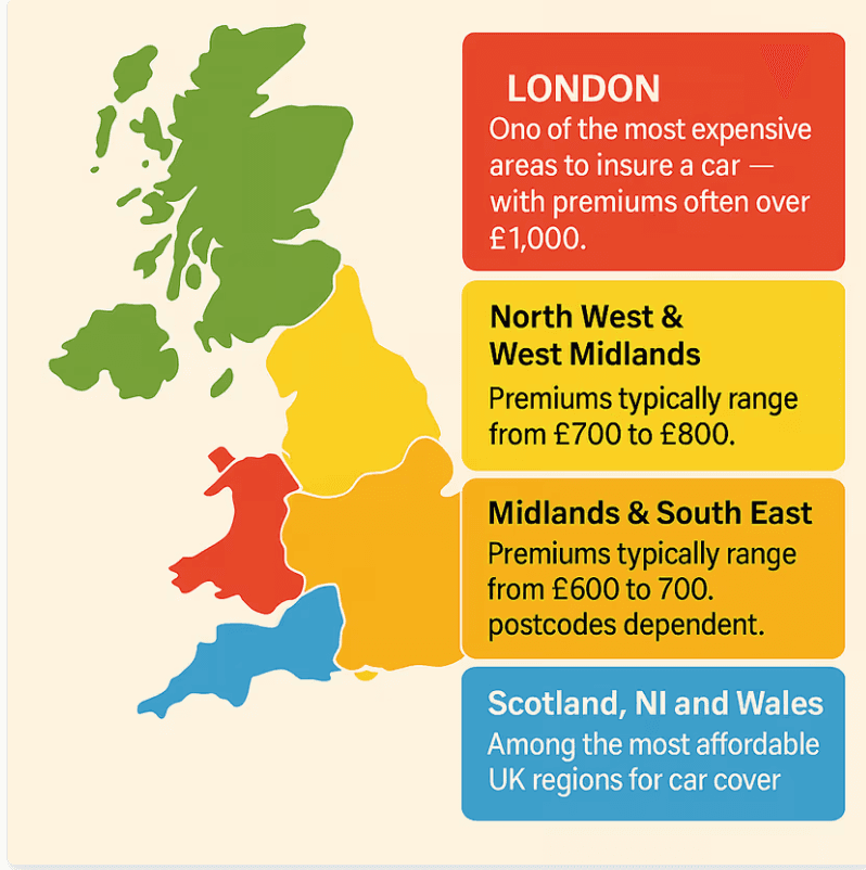 Car insurance prices by UK region: London over £1,000; North West and West Midlands £700 to £800; Midlands and South East £600 to £700; Scotland, NI and Wales among the most affordable