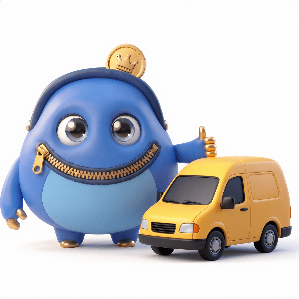 Pip, the MySupermarket Compare mascot, standing beside a van