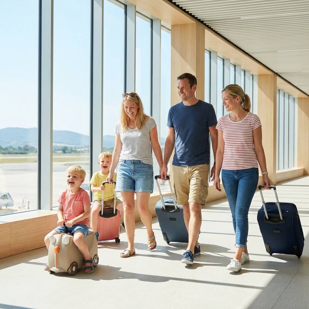 Family comparing annual travel insurance at airport