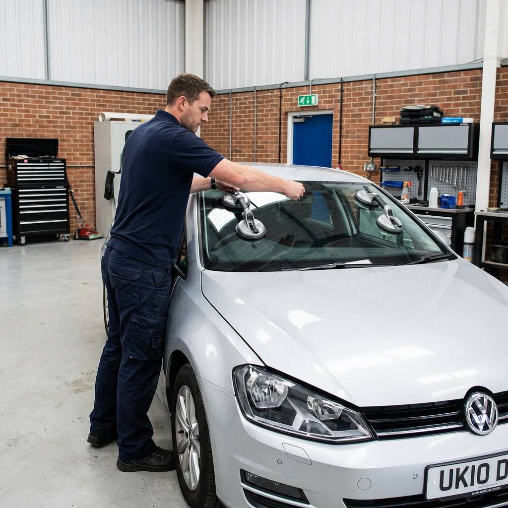 Windscreen cover technician repairing a chip